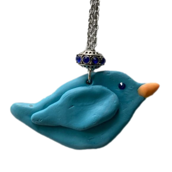 Hand crafted blue bird necklace Polymer clay silver color chain claw closure OS - Picture 1 of 3